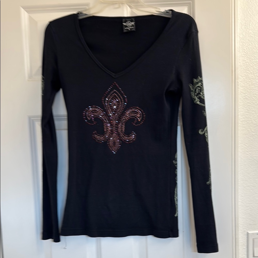 Black Long Sleeve Top with Embellished Design